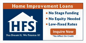 Home Improvement Loans banner from HFS featuring key benefits: no stage funding, no equity needed, low-fixed rates, and a call to action to inquire now, emphasizing financing options for home improvements.